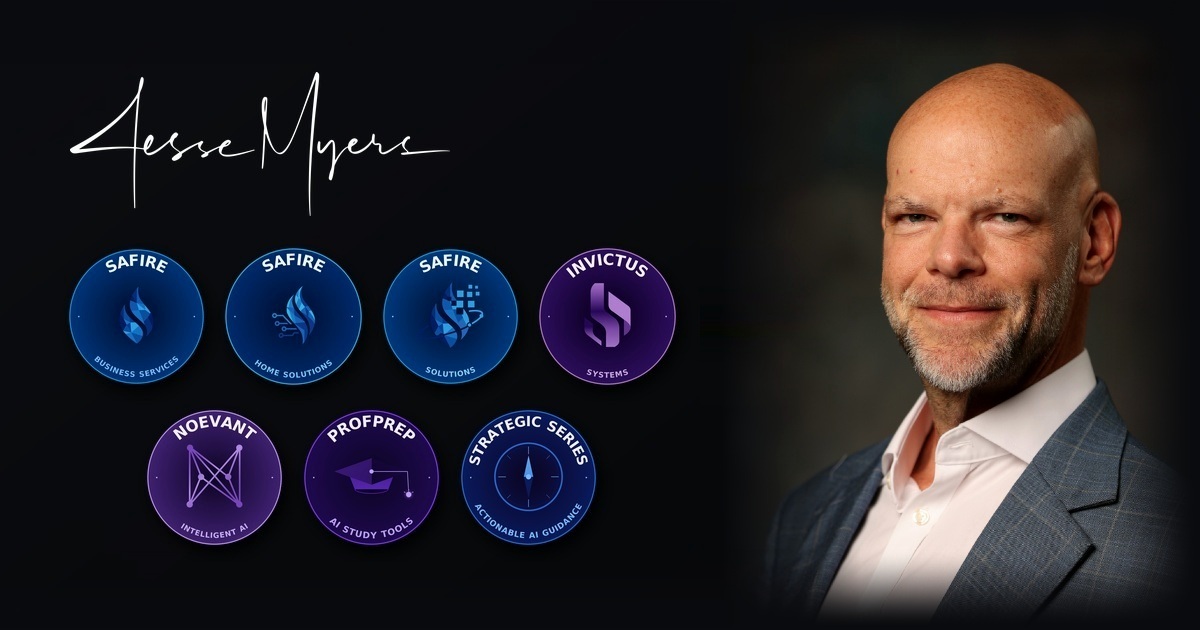 Jesse Myers with the 2057 Holdings portfolio brands — Safire Business Services, Safire Home Solutions, Safire Solutions, Invictus Systems, Noevant, ProfPrep, and The Strategic Series